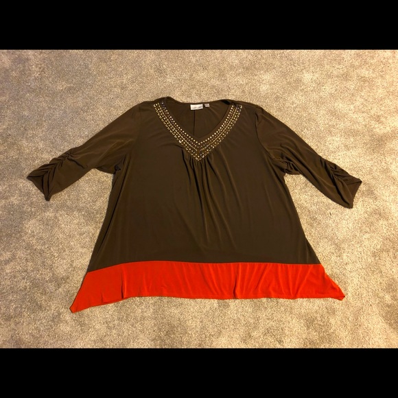 Avenue Top Blouse Size 30/32 Chic Brown Orange Stretchy Embellished - Picture 2 of 12